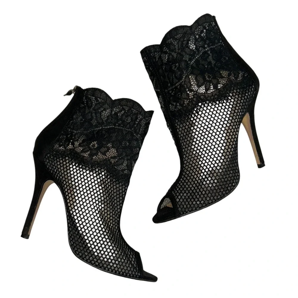 Chinese Laundry Black Lace Mesh Peep Toe Stiletto Ankle Boots Size 9